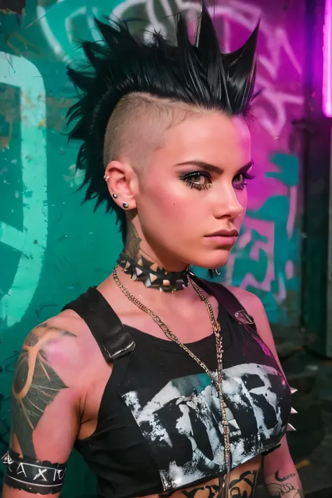 photorealistic, ultra-detailed, ((rocker punk girl, spiky mohawk hair)) girl, portrait photo, solo, dimly lit room, edgy urban s...