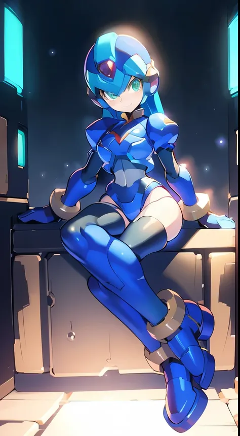 megaman x Girl, cute, Reploid, fullbody shot, maverick hunter, extremely detailed, dinamic pose, Green eyes, long eyelashes, glowing lips, smile, black waist, black chest