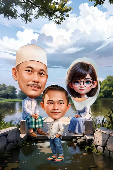 cartoon of a man and woman with a  standing in a pond, Many lotus flowers are in the water, an indonesian family portrait, caricature illustration, potrait, happy family, cartoon art, classic portrait, full protrait, in cartoon style, caricature style, bar...