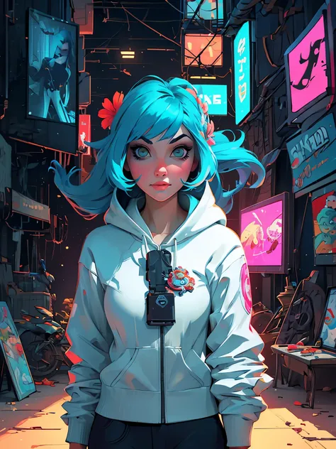 a woman with long hair and a hoodie is standing in the water, cyberpunk art by Aaron Nagel, trending on cgsociety, digital art, beeple and jeremiah ketner, digital art on pixiv, digital art. artstation, dreamy cyberpunk girl, loish |, gorgeous digital art,...