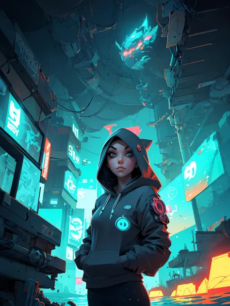 a woman with long hair and a hoodie is standing in the water, beeple and jeremiah ketner, digital art on pixiv, digital art. artstation, dreamy cyberpunk girl, by Aaron Nagel, loish |, gorgeous digital art, 🌺 cgsociety, dark cyberpunk illustration, cyberpu...