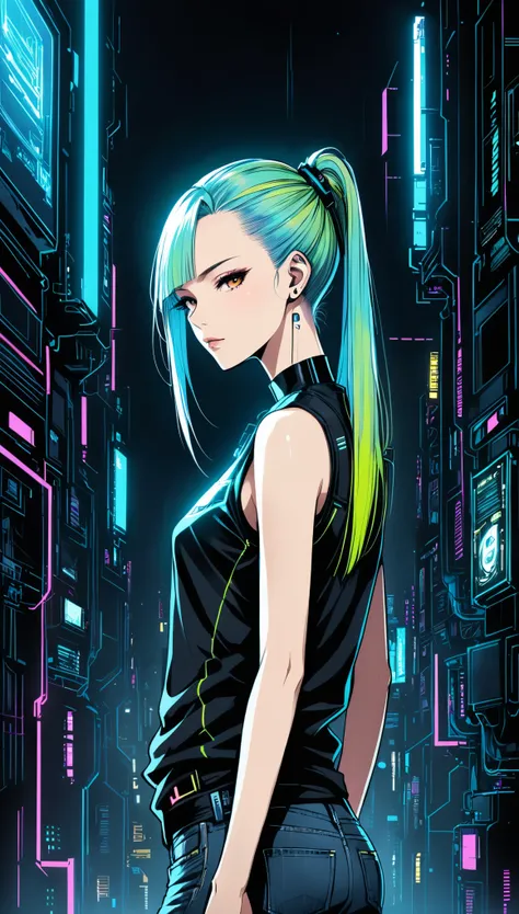 in style of Santiago Caruso,1girl,solo，Blue Background，oversize ，Hip-hop style，Black Plaid Sleeveless T-Shirt，jeans，One hand behind your back，looking at viewer，(Soft and straight cyberpunk hair:1.5)glowing fluorescent hair，Simple style，wide angle,Dynamic A...