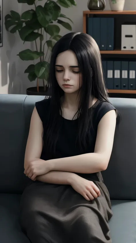 ((best quality)), ((masterpiece)), (detailed), A digital illustration of a long black haired young women sleeping while seating on a sofa in an office setting with a distressed expression due to a scary dream