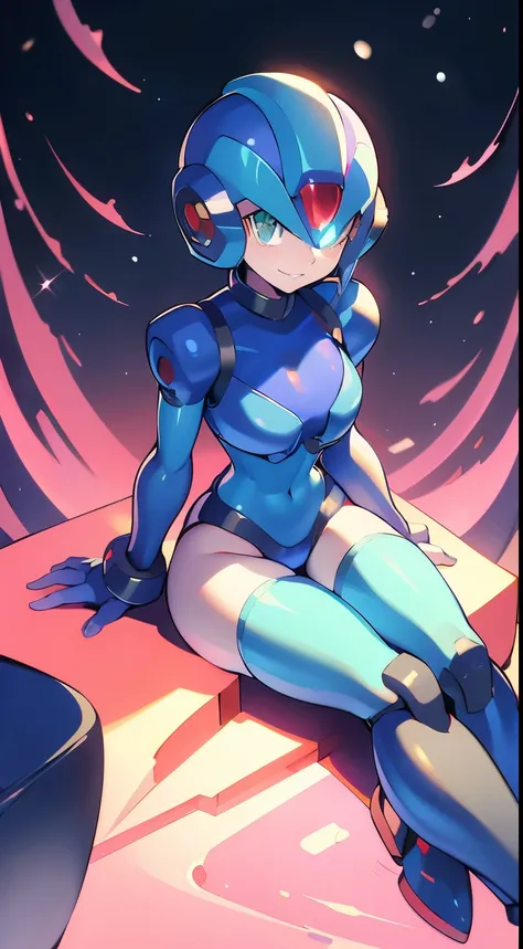 megaman x Girl, cute, Reploid, fullbody shot, maverick hunter, extremely detailed, dinamic pose, Green eyes, long eyelashes, glowing lips, smile, black waist, black chest