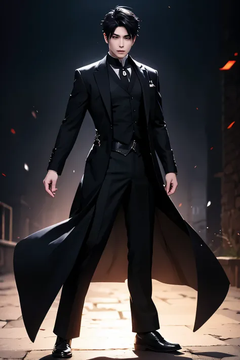 Wearing black, Inspired by &quot;Wuzhun Shifan&quot;, Zhou Fang, A handsome man，Black spiked short hair, Taisho Romance, Cool anime poses, heise jinyao, Anime handsome man, Single character full body