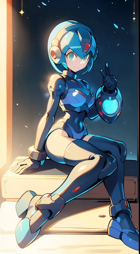 megaman x Girl, cute, Reploid, fullbody shot, maverick hunter, extremely detailed, dinamic pose, Green eyes, long eyelashes, glowing lips, smile, black waist, black chest