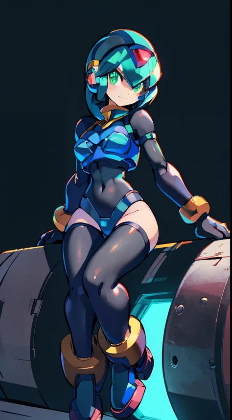 megaman x Girl, cute, Reploid, fullbody shot, maverick hunter, extremely detailed, dinamic pose, Green eyes, long eyelashes, glowing lips, smile, black waist, black chest, black thighs 