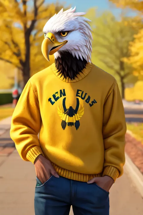 Teenage eagle with yellow sweater with the letters enz on the front looking youthful