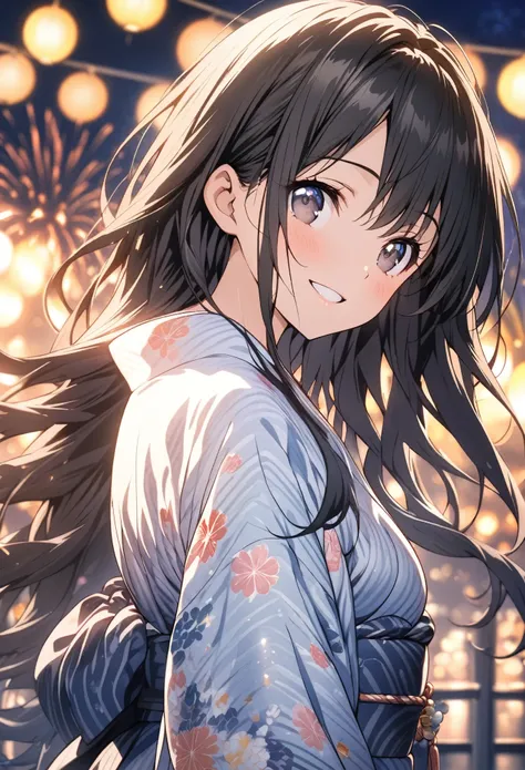 masterpiece, Highest quality, Highly detailed CG Unity 8k wallpaper, High School Girl Anime Illustration. Please wear a yukata、She looks up at the sky with sparkling eyes、Shes opening her mouth, smile. The background is a light pastel colored landscape., 1...