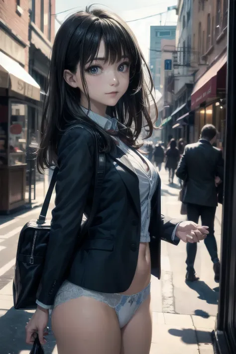 very cute and beautiful,(beautiful face and highly detailed eyes:1.2), (Blue Blazer ,Cute white panties),in front of the bakery window, (ssmile:1.2),glad,cowboy shot,holding school backpack,clip,Bblack hair,downtown street, (best qualityer,work of art:1.2)...