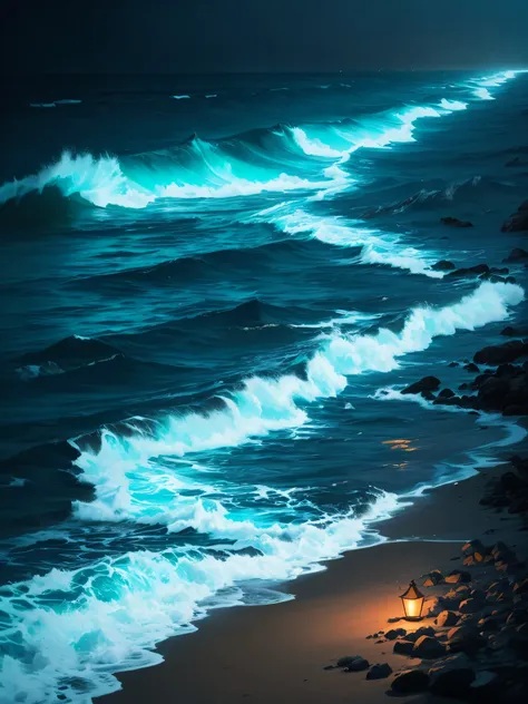 a close up of a beach with a light on the shore, a photorealistic painting by Alison Geissler, tumblr, conceptual art, makes the sea area glowing water, blue bioluminescence, bright blue glowing water, glowing water, glowing blue, glow wave, bioluminescent...