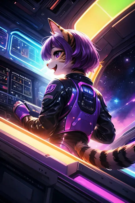 ASCIIrealistic, masterpiece,
(three quarter back) view, backside, over the shoulder, above shot,
cute (female (anthro ((neon green/tabby) cat))), detailed and extremely fluffy body fur,
glossy fur, purple eyes, flat chest, 
sitting in a futuristic seat
((s...