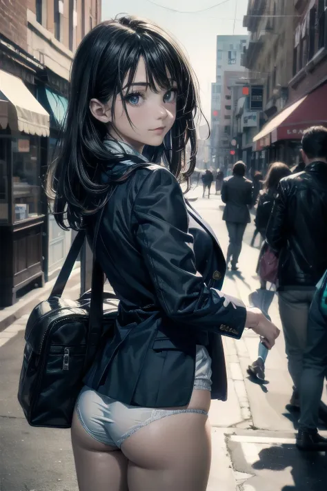 very cute and beautiful,(beautiful face and highly detailed eyes:1.2), (Blue Blazer ,Cute white micro panties),in front of the bakery window, (ssmile:1.2),glad,cowboy shot,holding school backpack,clip,Bblack hair,downtown street, (best qualityer,work of ar...