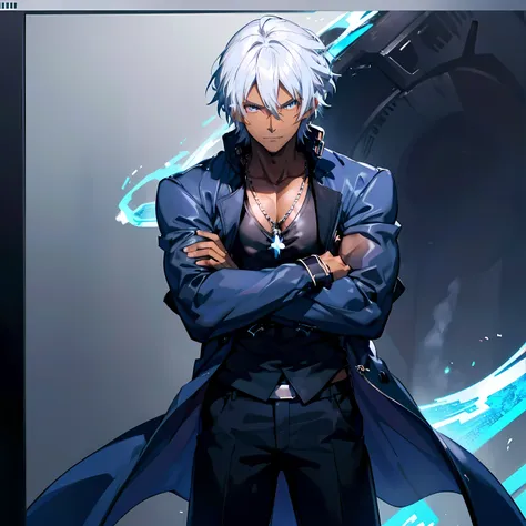 a dark skinned young anime man, side swept silver hair, fiery light blue eyes, producing blue fire out of his fist, wearing a bl...