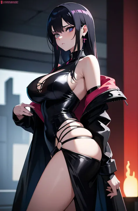 femme arafée dans une tenue noire et des cheveux rose, visible de dos, montre ses fesses, rendu sfm, séduisant cyberpunk dark fantasy, tendance sur artstation, ultra sexy, gros seins, hanche large, fesse rebondi, style sombre et sensuel, succube en robe co...