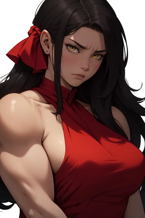 hair flaps massive hair long hair black hair onyx pale skin yellow eyes huge muscles huge breasts sad sad angry sad girl red silk red silk silk sad pale red silk sad