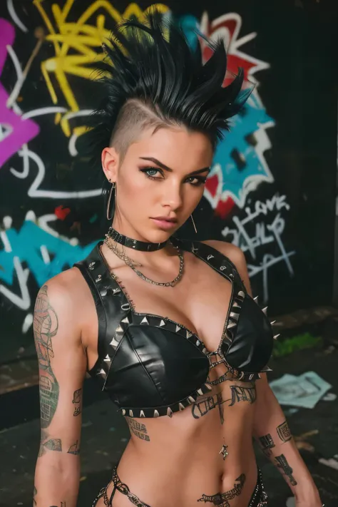 Photorealistic, ultra-detailed, ((Rocker punk girl, spiky mohawk hair)) girl, hot Body, boosbs bikini, mini Black latex shorts, spike and chains, portrait photo, Solo, dimly lit room, edgy urban scene with graffiti, dark and moody, late evening, city light...