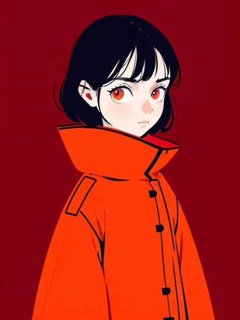 anime girl in red coat with red scarf and orange background, satoshi kon artwork style, style of satoshi kon, ilya kuvshinov sty...