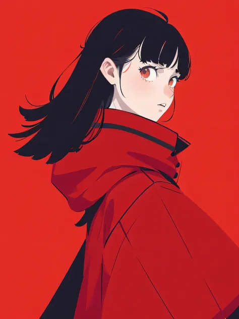 anime girl in red coat with red scarf and red background, satoshi kon artwork style, style of satoshi kon, ilya kuvshinov style,...