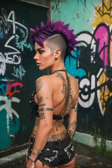 Photorealistic, ultra-detailed, (((Rocker punk girl, spiky mohawk hair))) girl, hot Body,  bikini, mini Black shorts, spike and chains, tattoo. portrait photo, Solo, dimly lit room, edgy urban scene with graffiti, dark and moody, late evening, city lights ...