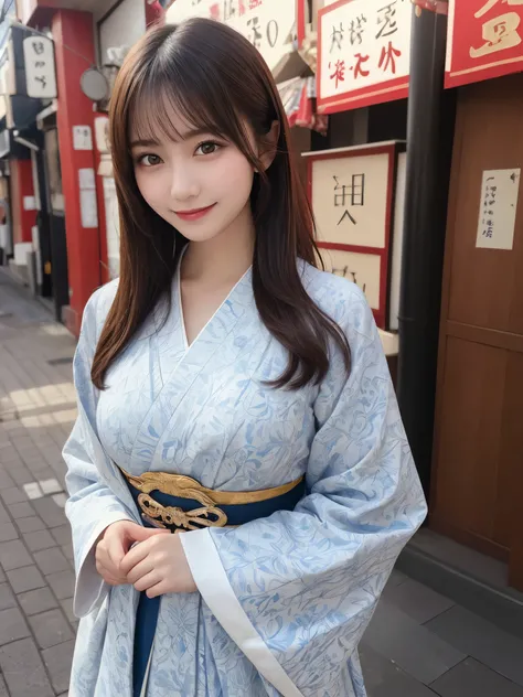 masterpiece, best quality, illustration, ultra-detailed, finely detailed, high resolution, 8K wallpaper, perfect dynamic composition, beautiful detailed eyes, Asakusa, traditional attire, medium hair, small breasts, cultural pose, smile, looking at camera