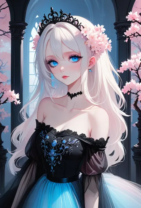 best quality, masterpiece, beautiful artwork. gradient black and pink room, a very pale white skinned vampire girl with tiara, (...