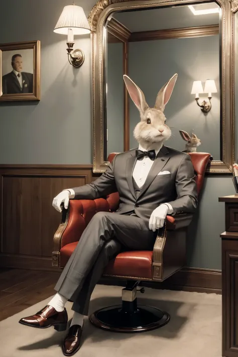 An image of a rabbit wearing an elegant gray business suit sitting in a barber chair, with realistic fur details and vintage elements in the setting such as paintings, lamps and mirror.