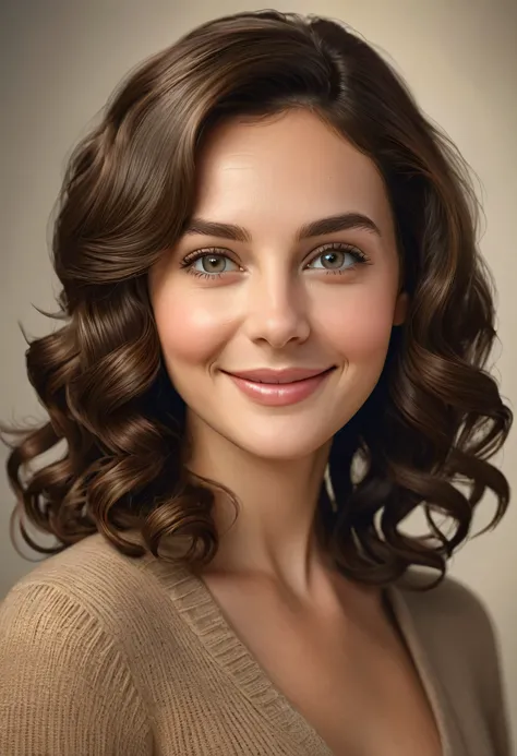 Photorealistic, woman aged in forties, girl-next-door, approachable, innocent, shoulder length curled brunette hair, triangular shaped symmetrical face, natural look, sardonic grin, detailed eyes, professional lighting, realistic style, HD, warm tones, SFW