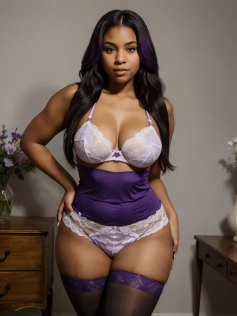 Mixed black ethnicity, curvy girl, long straight , wearing purple and white lingerie and purple tights 