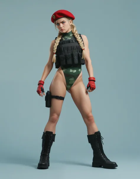 Stylized, full-body illustration of a female cally character in a dynamic pose. She has light skin and long blonde hair styled in two braids. She is wearing a red beret, red fingerless gloves, a green leotard with camouflage patterns, and black combat boot...