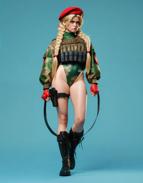 Stylized, full-body illustration of a female cally character in a dynamic pose. She has light skin and long blonde hair styled in two braids. She is wearing a red beret, red fingerless gloves, a green leotard with camouflage patterns, and black combat boot...