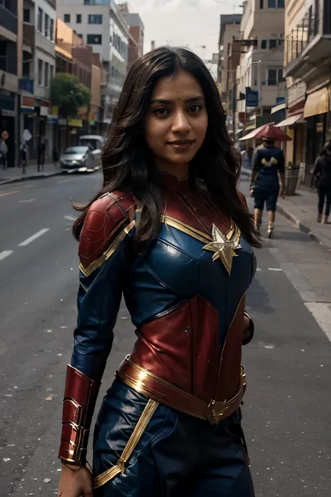 Indian girl as a Captain Marvel on the city street, cinematic light, beautiful woman, skinny, medium breasts, black long hair, detailed face, smile, facing the camera, photo taken from a distance