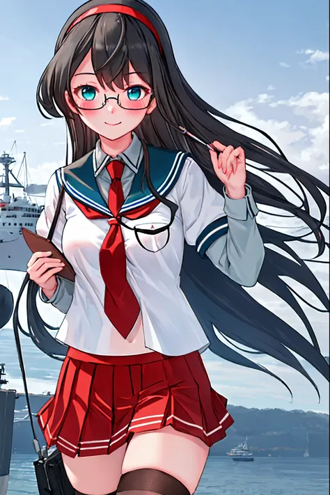 best quality, masterpiece, highres, solo, {ooyodo_kantaicollection:1.15}, black_hair, long_hair, glasses, hairband, semi-rimless_eyewear, under-rim_eyewear, blue_eyes, green_eyes, blush,small_breasts, 1girl, school_uniform, serafuku, pleats_skirt, looking_...