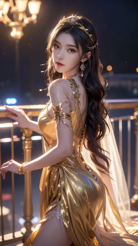 8K, UHD, MAsterpiece, best quality, 1 girl, (realistic face), happy pace, very long hair, small breasts, decorated dress, very beautiful ornaments dress, golden color, ((lace)), mesh dress, sardine, loops, legendary night balcony, depth of field, cinematic...