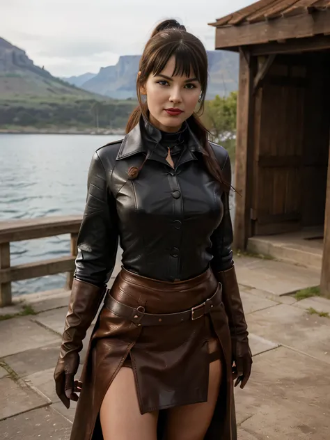 ((fantasy setting)), (old fashioned), (realistic), (facing camera), (year 1400), (western), 1 girl  smart smiling  Bettie Page , clear blue eyes, red lipstick,black ponytail hair, standing on pier, relaxed, 20 years old, leather armor, (( brown leather glo...