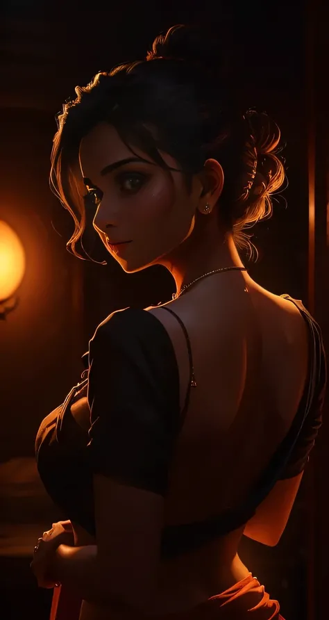 Amazing portrait of a sexy woman who is wearing a backless blouse and a saree and hair tied in a bun in a tiny and dark room with one lamp and shes sweaty with pleasure