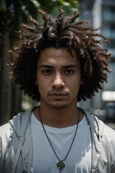 high resolution portrait, masterpiece, 4k, 23 year-old man, latino, mulatto, tanned skin, dominican race, afro hair, hacker expert, looking straight to camera. Detailed expression of restlessness, existential regret, fearful, restless, doubtful and disorie...