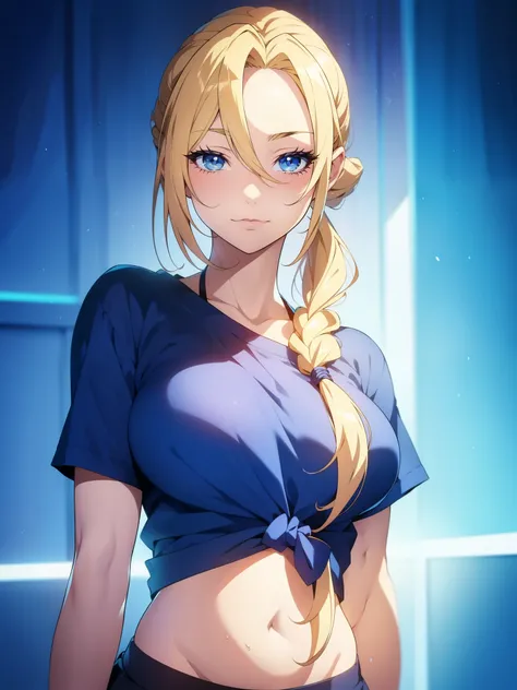 1girl, solo, portrait of a woman with blonde hair, long flowing pigtails, wearing a blue shirt, wearing a t-shirt, shirt tied in a shirt knot, exposed navel, anime illustration, anime girls, vivid colors, detailed facial features, dramatic lighting, digita...