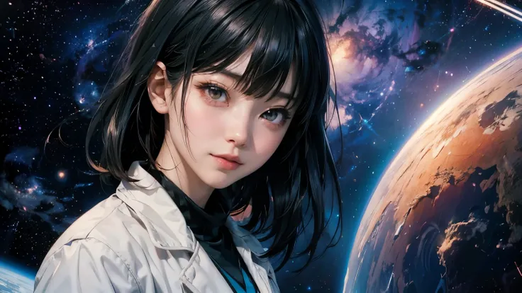 An anime girl wearing a white coat、Staring into the camera with planets in the background, Portrait Anime Astronaut Girl, Official artwork, girl in space, Detailed digital anime art, Anime girl with space-like hair, Artgerm JSC, Girls Frontline Universe, D...