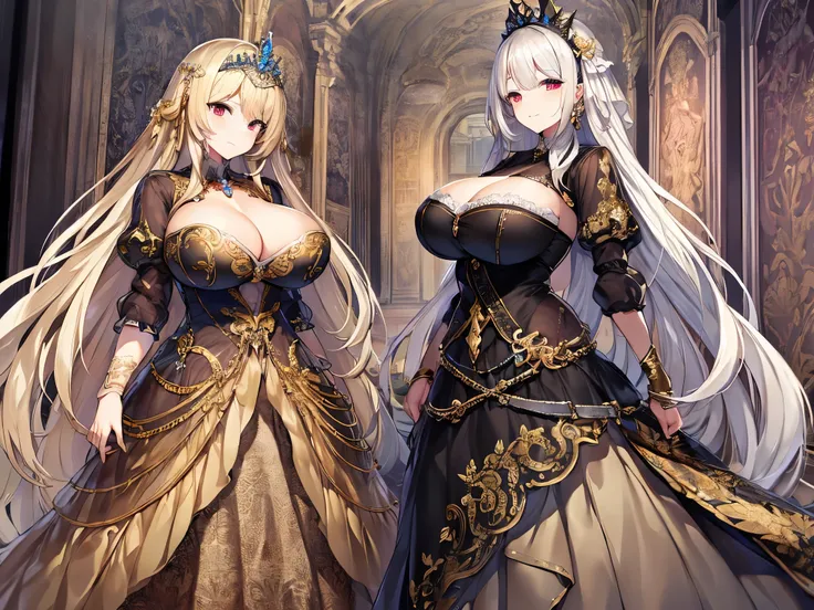 anime artstyle,Masterpiece,Best Quality,Super Detail,(Very Delicate and Beautiful),((((Silver-haired middle age mother and blonde teenage daughter)))),((absurdly long Straight hair,Red Eyes)),(((beautiful embroidery and jeweled gorgeous rococo ballgown wit...