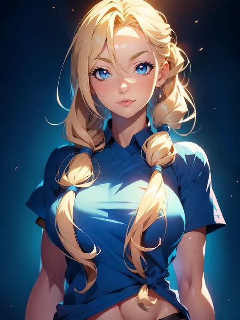 1girl, solo, portrait of a woman with blonde hair, long flowing pigtails, wearing a blue shirt, wearing a t-shirt, shirt tied in a shirt knot, exposed navel, anime illustration, anime girls, vivid colors, detailed facial features, dramatic lighting, digita...
