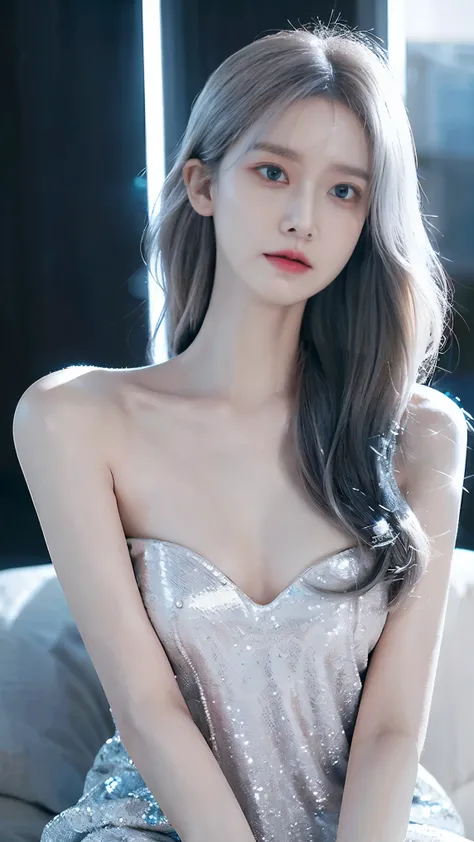 Generate a captivating image of a woman with flowing silver hair, cascading down her shoulders. Her Eyes, Fascinating shades of blue, Exudes warmth and depth. She is wearing an elegant yet modern white gown.、It flatters her figure beautifully.。, Exquisite ...