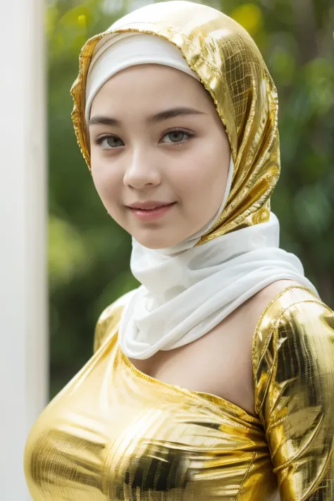 (Strapless dress), Chubby adorable, 2 girl, (face to face), 10 years old, baby face, happy, half body portrait, (face details: 1), (eye details: 1), ((big breasts)). wearing transparent transparency soft soft long shirt, ((wrap long hijab)), .. Cute posed....