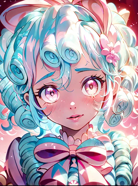 My little pony, cozy glow, young girl, blue swirly short hair, swirly bangs, (pastel pink skin), ((blue hair with light blue strains)), orange eyes, white hair band, in a pink botanical garden, Nyssa sylvatica garden arch, pink shimmering ponds with lily p...