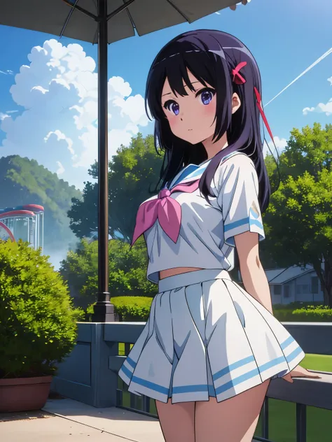 High quality anime、high resolution, 、Tabletop, One Girl、Kitauji High , neckerchief, Pink neckerchief, プリーツskirt, , Seraphim, Wear a white shirt, Short sleeve, skirt, White shirt、水色のskirt、Light blue uniform、garden、beautiful flower々満開のgarden、amusement park、C...