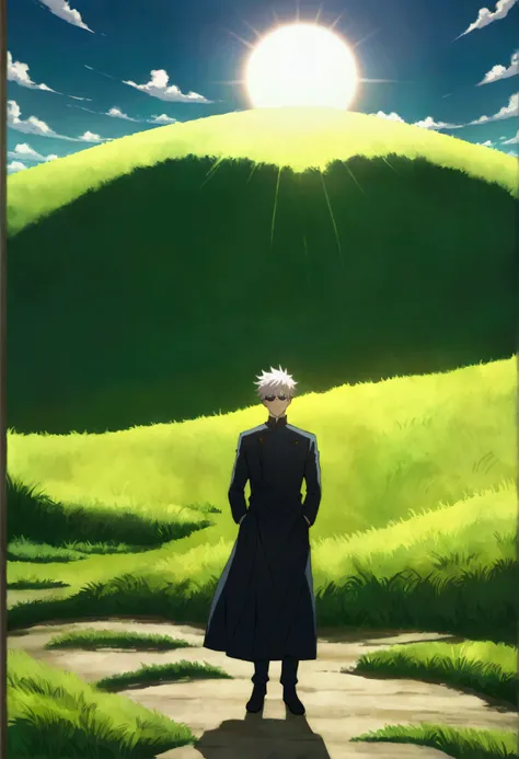 Satoru Gojo from Jujutsu Kaisen casually standing in a vast green grass field, his eye cover in place. The sun is shining brightly, casting soft shadows, and the background shows rolling hills and a clear, azure sky.