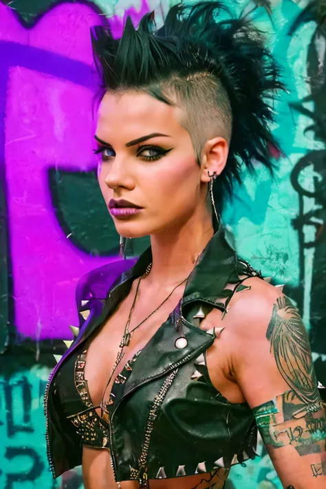 Photorealistic, ultra-detailed, ((Rocker punk girl, spiky mohawk hair)) girl, portrait photo, Solo, dimly lit room, edgy urban scene with graffiti, dark and moody, late evening, city lights flashing, neon lighting The essence of rock and roll, fringe hair,...