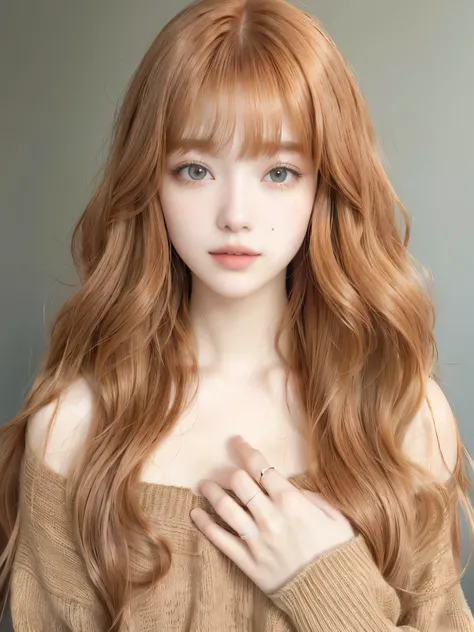 Arafed woman with long red hair and a brown sweater., Light brown hair, long and wavy., ulzzang, long hair with bangs, long hair with bangs completo, ginger wavy hair, long shiny ethereal hair, brown long hair with bangs, long curly fluffy blonde hair, sof...