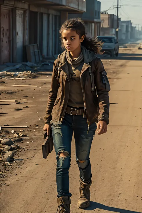 A teenage woman wandering a post-apocalyptic word, in ragged clothing