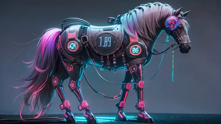 Create an image of a majestic horse with a cyberpunk theme. This horse features a super futuristic mechanical leg with technological details and neon lights. The saddle is highly advanced, filled with gadgets and digital displays. The horse is large, conve...